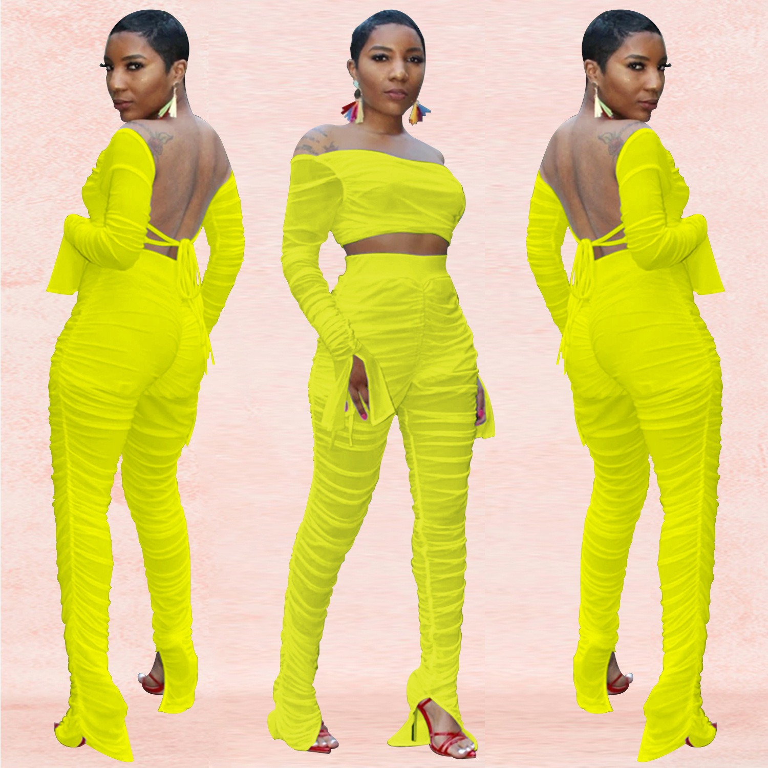 Women Sexy Solid Elastic Pleated Top and Pants Two-Piece Set