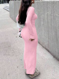 Women Ribbed Solid Square Neck Long-Sleeved Dress
