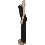 Women Casual Sexy Strapless Jumpsuit with Metal Buckles