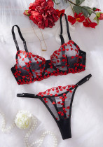 Women Mesh Heart Print Embroidered Panty Lingerie Two-Piece Set
