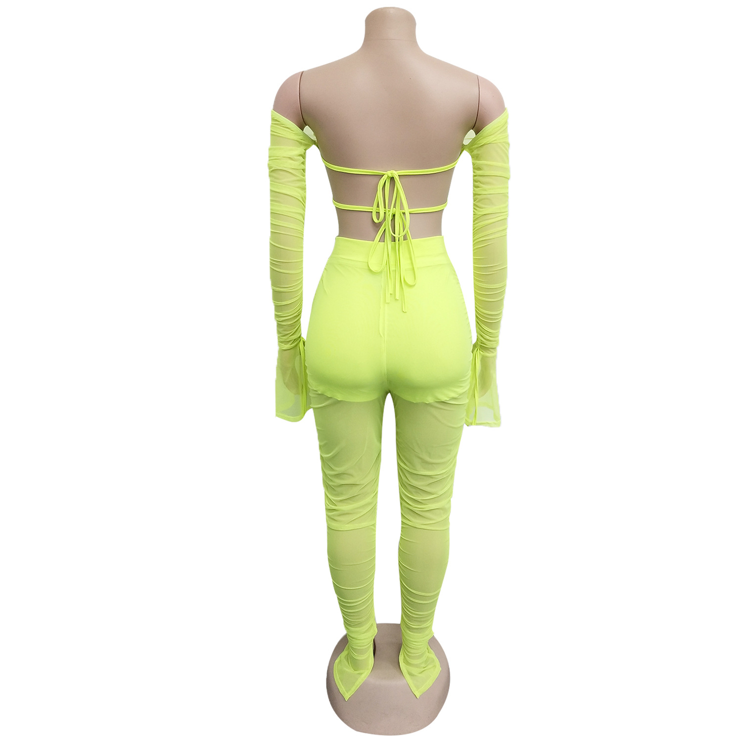 Women Sexy Solid Elastic Pleated Top and Pants Two-Piece Set