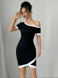 Women Spring Summer Knitting Stretch Tight Fitting Slash Shoulder Short Sleeve Color Block Black White Fashion Casual Elegant Dress