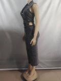 Women's Autumn Winter Fashion Single Breasted Sleeveless Halter Neck Stretch Long Dress