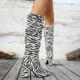 Zebra Print Block Heel Knee High Boots Plus Size High Heel Trendy Boots