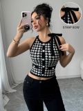 Women Sexy Sleeveless Top Houndstooth Slim Halter Neck Tie Waist Black Crop Top
