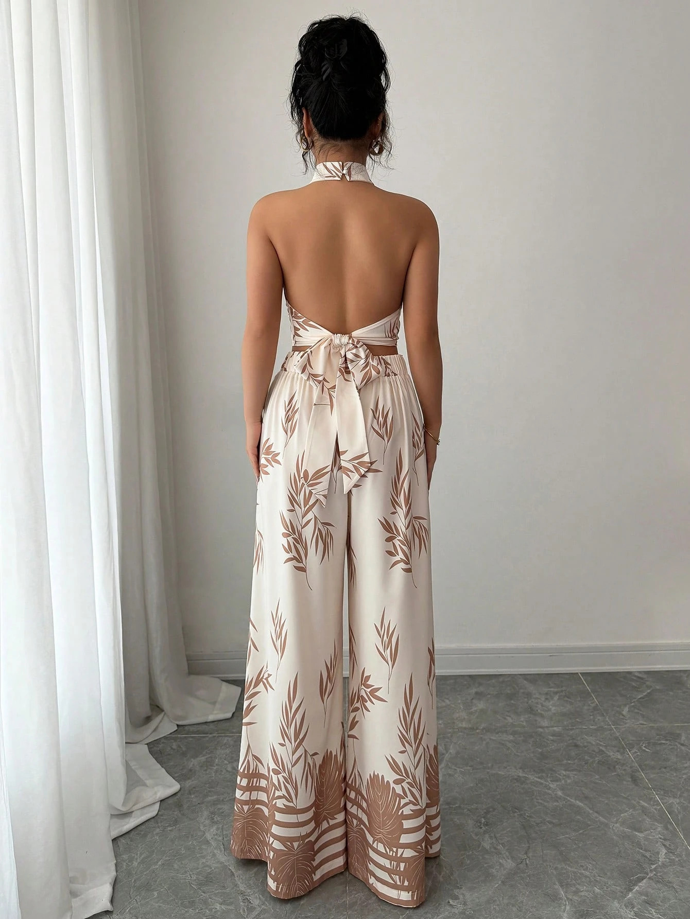 Women's Summer Holidays Chic Print Halter Neck Vest Wide Leg Pants Set