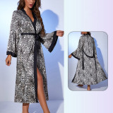 Loose Long Tie Waist Satin Robe Sexy Leopard Print Plus Size Bathrobe