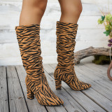 Zebra Print Block Heel Knee High Boots Plus Size High Heel Trendy Boots