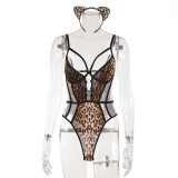Sexy Leopard Print Lingerie Set Mesh Hollow Out Bodysuit with Cat Ears