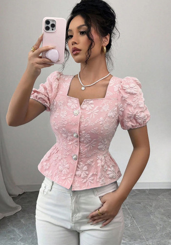 Women's Summer Fashion Elegant Casual Shirt Square Collar Puff Sleeve Short Sleeve Sweet Top