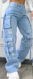 Fashion Solid Color Plus Size High Waist Multi-Pocket Casual Cargo Denim Pants