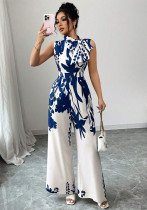Women's Spring Summer Holidays Chic Print Sleeveless Tie Waist Wide Leg Jumpsuit