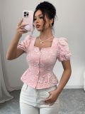 Women's Summer Fashion Elegant Casual Shirt Square Collar Puff Sleeve Short Sleeve Sweet Top