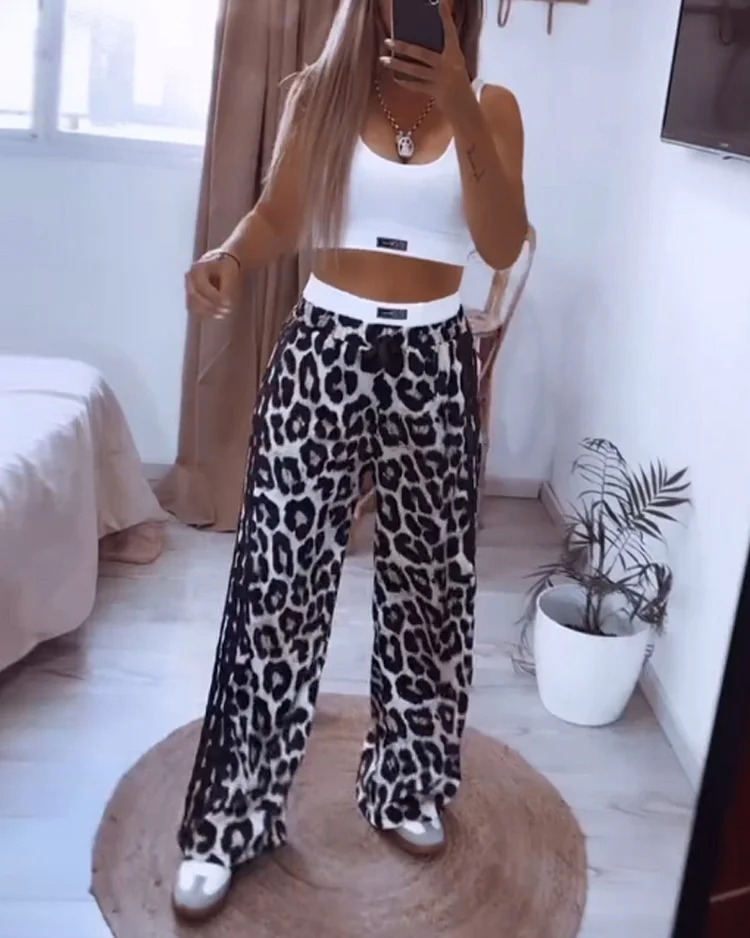 Women's Casual Sleeveless Solid Top Leopard Print Pants Two-Piece Set