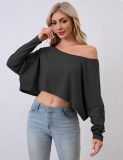 Women's Solid Color Slash Shoulder Long Sleeve Irregular Short Crop Loose Casual Fashion Pullover T-Shirt