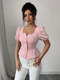 Women's Summer Fashion Elegant Casual Shirt Square Collar Puff Sleeve Short Sleeve Sweet Top