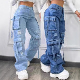 Fashion Solid Color Plus Size High Waist Multi-Pocket Casual Cargo Denim Pants