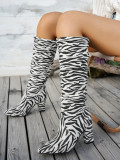 Zebra Print Block Heel Knee High Boots Plus Size High Heel Trendy Boots