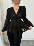 Women's Fashion Spring Autumn Sexy Sheer Long Sleeve V-Neck Blouse