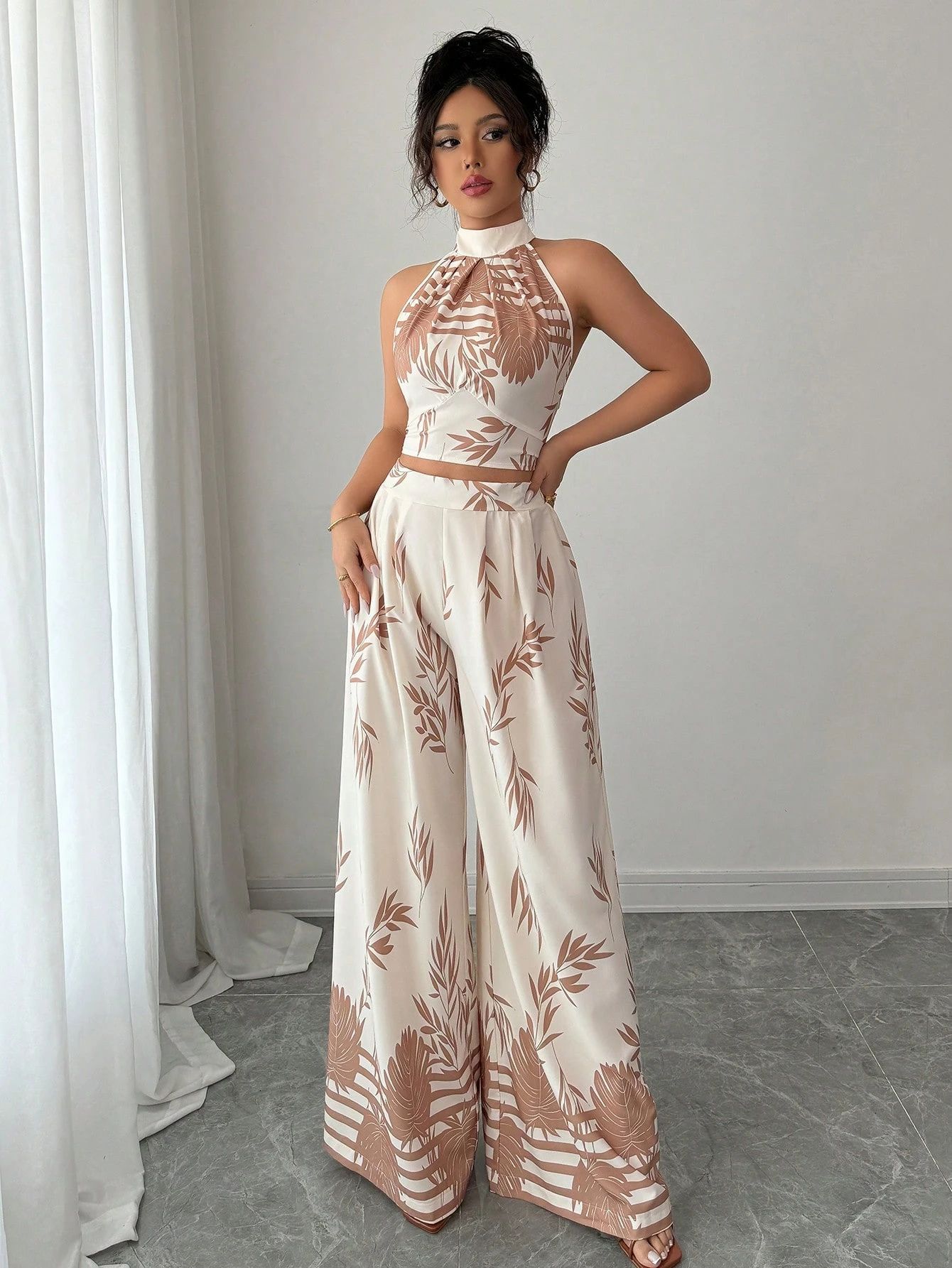 Women's Summer Holidays Chic Print Halter Neck Vest Wide Leg Pants Set