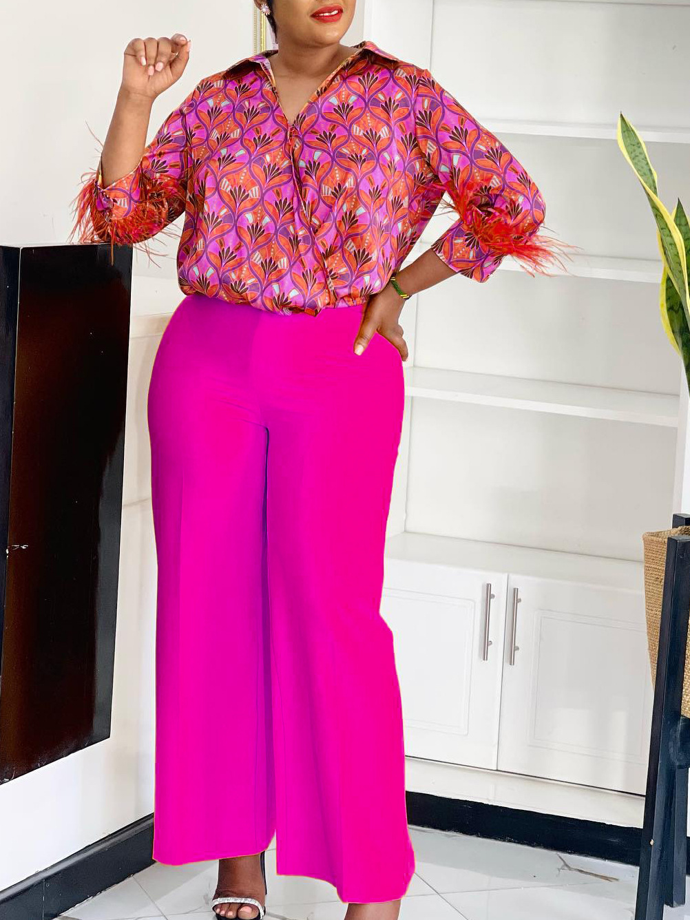 Women's Print Shirt Wide Leg Pants African Two-Piece Set