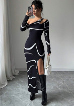 Chic Elegant Women Slash Shoulder Slim Graffiti Print Asymmetric Long Sleeve Slit Dress