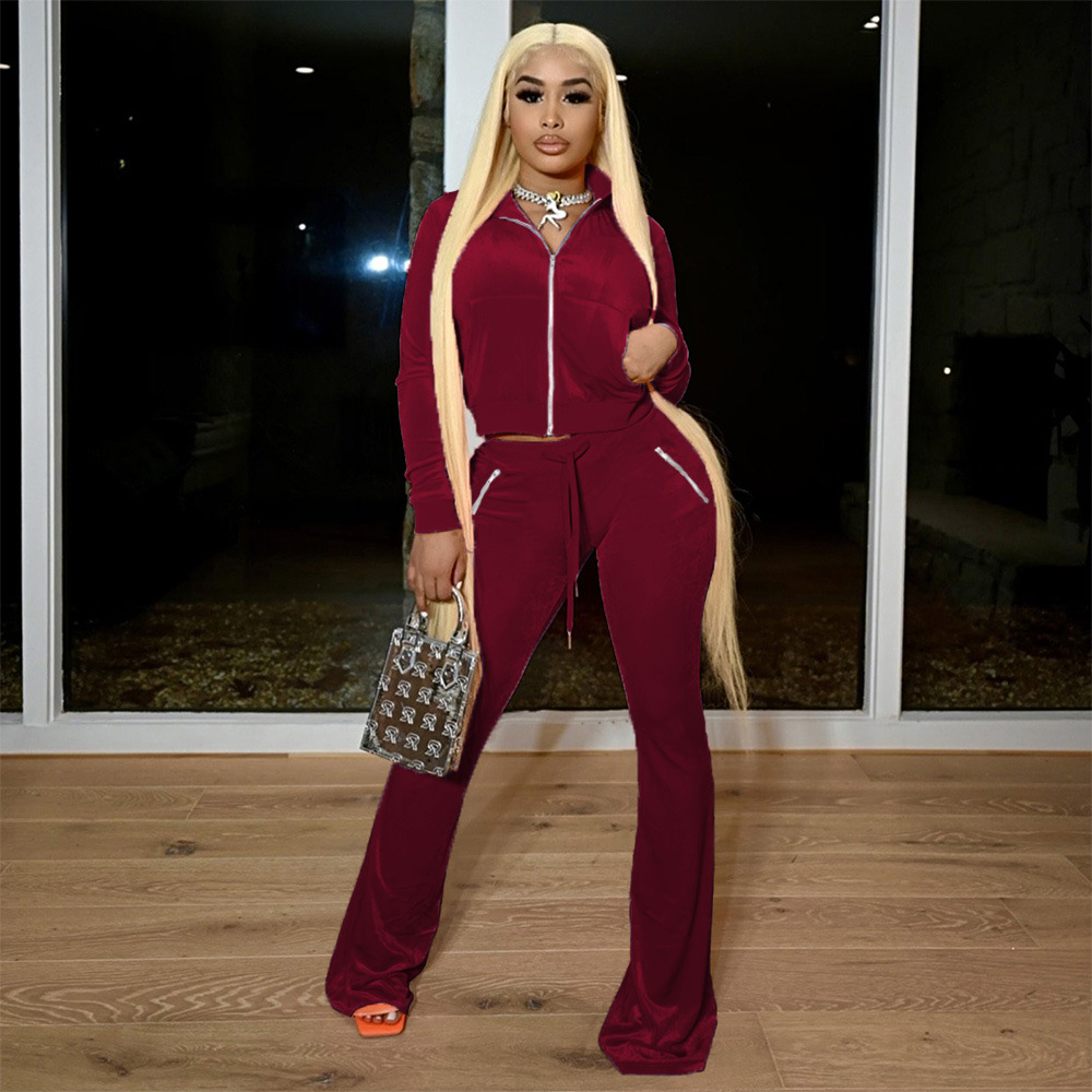 Women's Velvet Solid Color Sexy Zipper Pocket Two-Piece Tracksuit