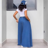 Women's Fashion Washed Solid Color Drawstring High Waist Ruffle Long Denim Skirt