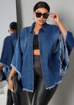 Women's Autumn Winter Fashion Loose Turndown Collar Bat Sleeves Denim Jacket