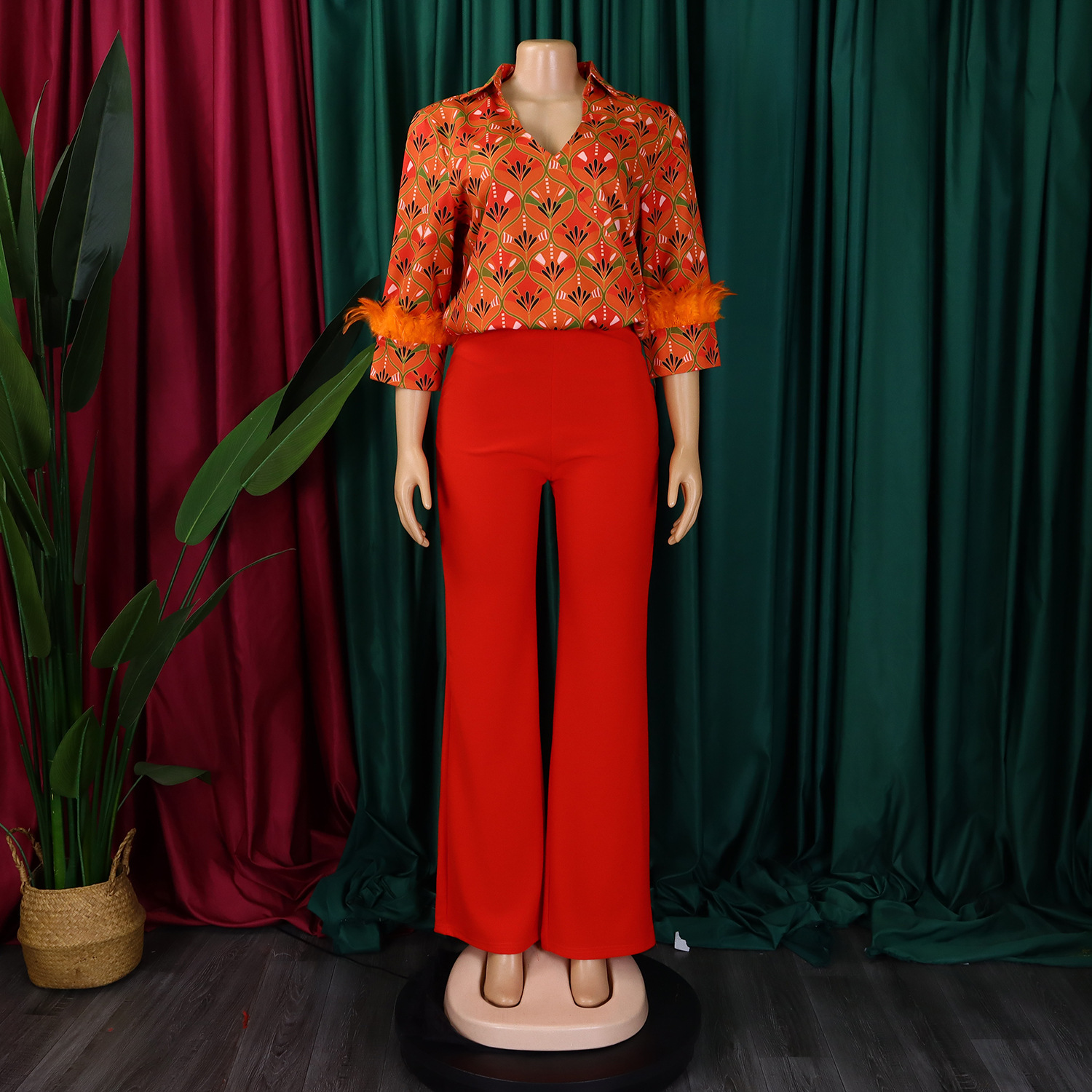 Women's Print Shirt Wide Leg Pants African Two-Piece Set