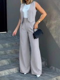 Women's Fashion Solid Color Suit Slim Vest Wide Leg Pants Casual Set