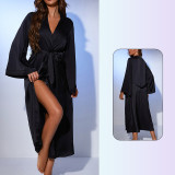 Loose Long Tie Waist Satin Robe Sexy Leopard Print Plus Size Bathrobe