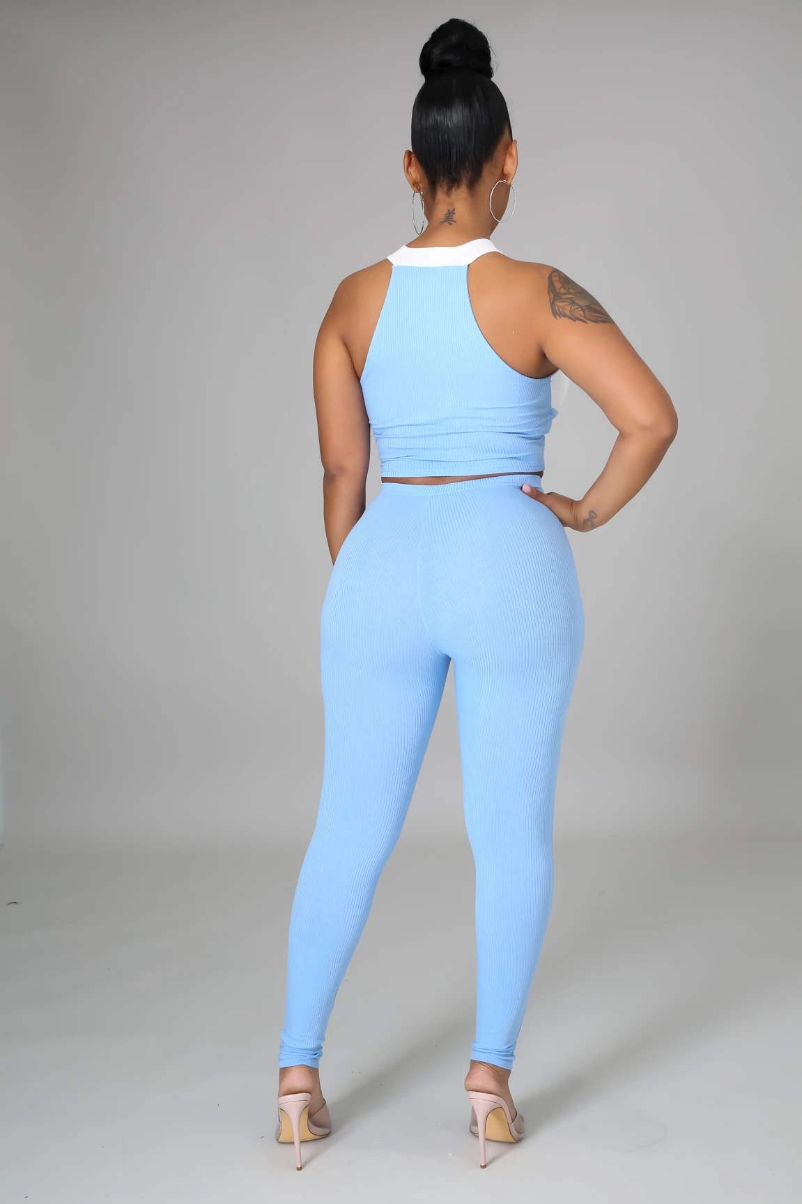 Color Block Tight Fitting Top Pants Two-Piece Set