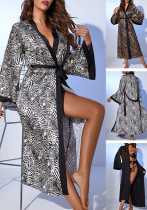 Loose Long Tie Waist Satin Robe Sexy Leopard Print Plus Size Bathrobe