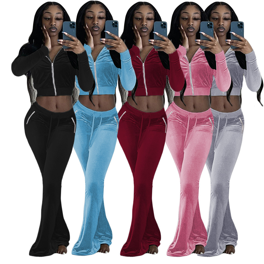 Women's Velvet Solid Color Sexy Zipper Pocket Two-Piece Tracksuit