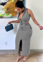 Women's Autumn Winter Fashion Single Breasted Sleeveless Halter Neck Stretch Long Dress