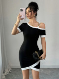 Women Spring Summer Knitting Stretch Tight Fitting Slash Shoulder Short Sleeve Color Block Black White Fashion Casual Elegant Dress