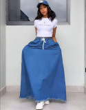 Women's Fashion Washed Solid Color Drawstring High Waist Ruffle Long Denim Skirt
