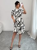Women's Spring Summer Fashion Elegant Tie Waist Ruffled Collar Puff Sleeve A-Line Print Dress