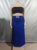 Women's Fashion Washed Solid Color Drawstring High Waist Ruffle Long Denim Skirt