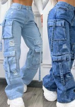 Fashion Solid Color Plus Size High Waist Multi-Pocket Casual Cargo Denim Pants