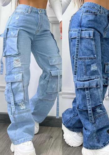 Fashion Solid Color Plus Size High Waist Multi-Pocket Casual Cargo Denim Pants