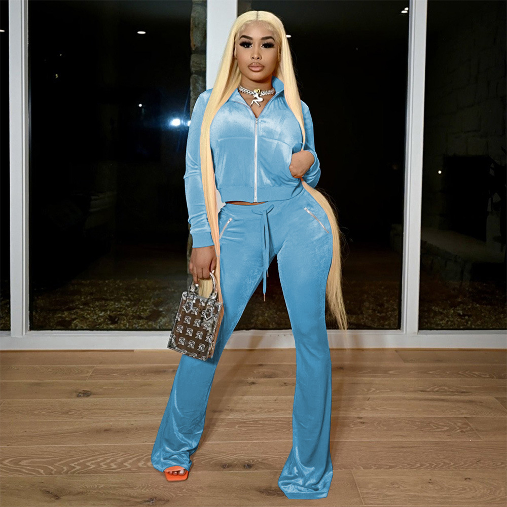 Women's Velvet Solid Color Sexy Zipper Pocket Two-Piece Tracksuit