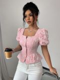 Women's Summer Fashion Elegant Casual Shirt Square Collar Puff Sleeve Short Sleeve Sweet Top