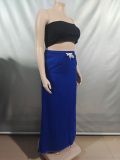 Women's Fashion Washed Solid Color Drawstring High Waist Ruffle Long Denim Skirt