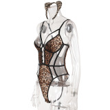Sexy Leopard Print Lingerie Set Mesh Hollow Out Bodysuit with Cat Ears