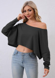 Women's Solid Color Slash Shoulder Long Sleeve Irregular Short Crop Loose Casual Fashion Pullover T-Shirt