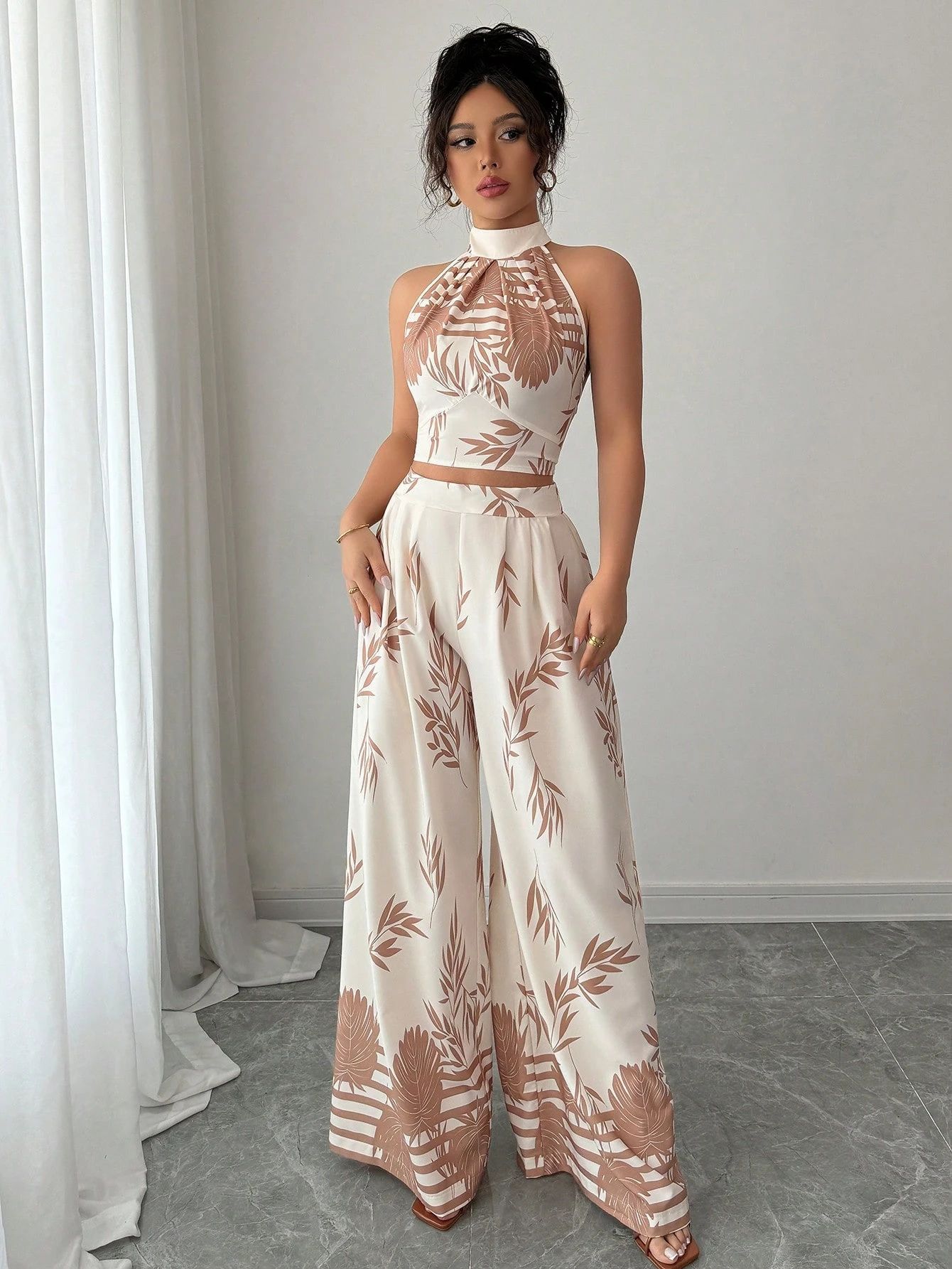Women's Summer Holidays Chic Print Halter Neck Vest Wide Leg Pants Set