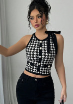 Women Sexy Sleeveless Top Houndstooth Slim Halter Neck Tie Waist Black Crop Top