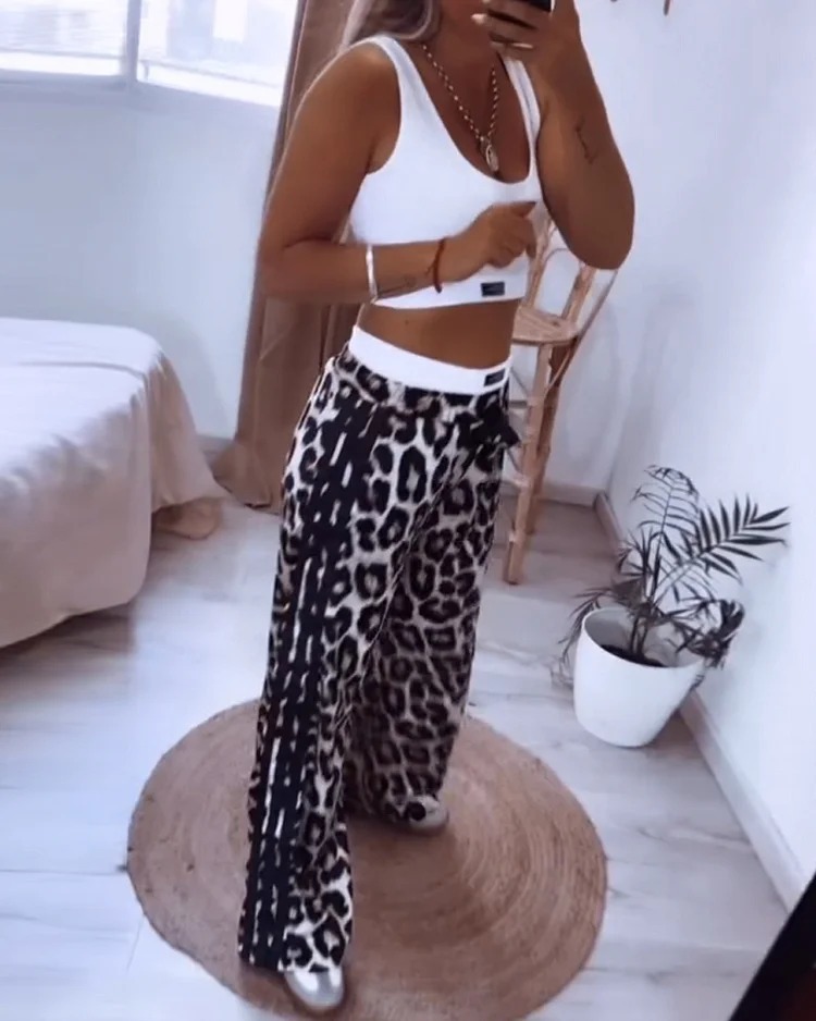 Women's Casual Sleeveless Solid Top Leopard Print Pants Two-Piece Set